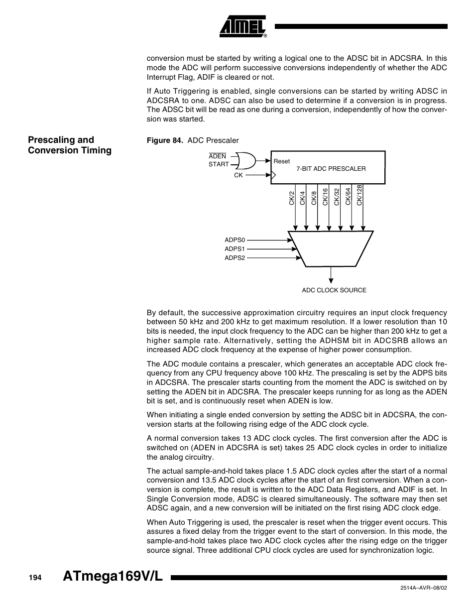 Prescaling and conversion timing, Atmega169v/l | Rainbow Electronics Atmega169L User Manual | Page 194 / 317