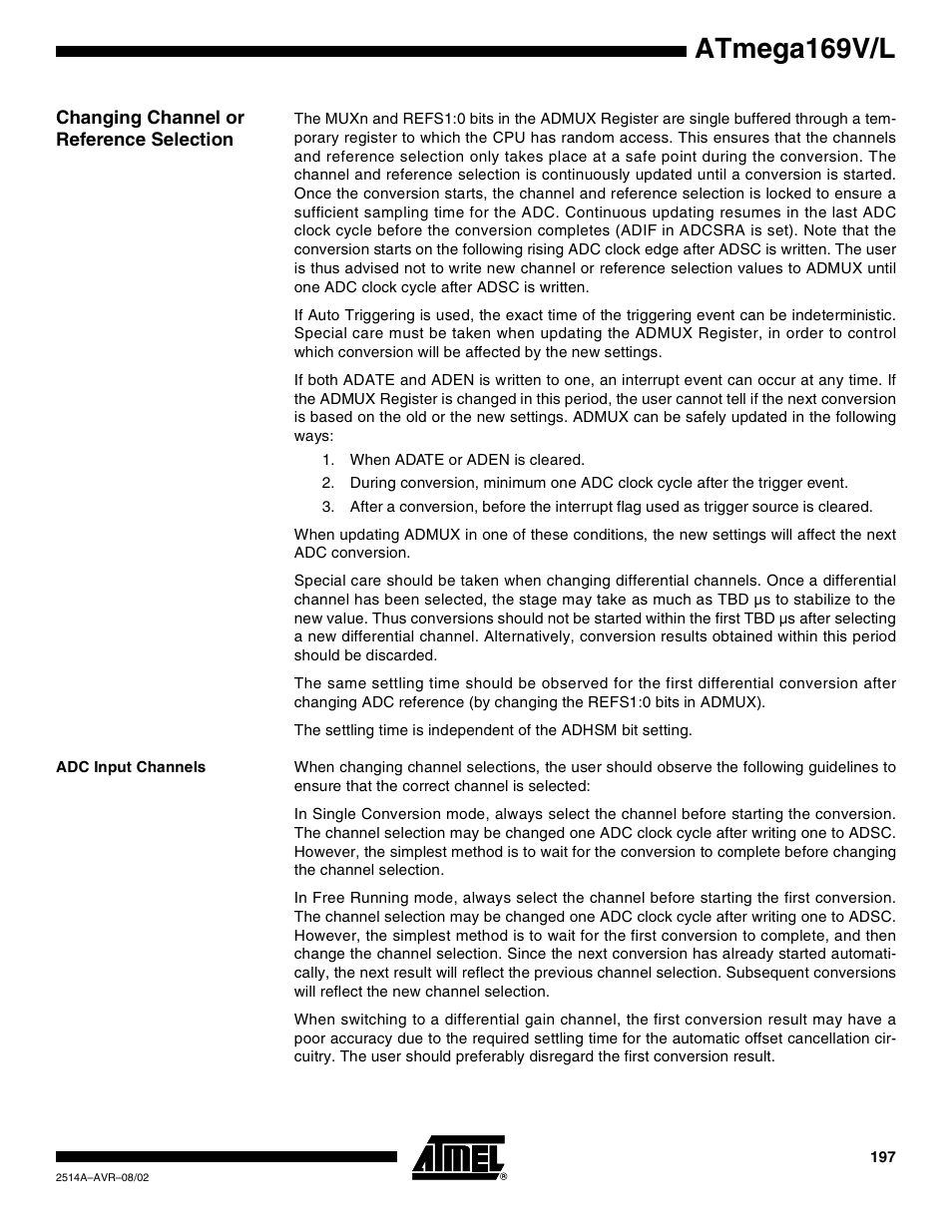 Changing channel or reference selection, Adc input channels, Atmega169v/l | Rainbow Electronics Atmega169L User Manual | Page 197 / 317