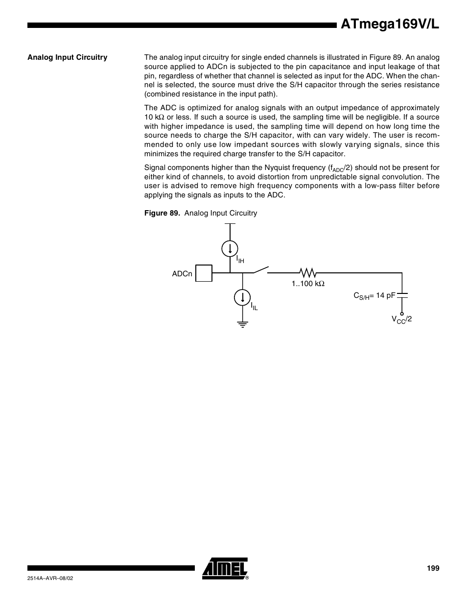 Analog input circuitry, Atmega169v/l | Rainbow Electronics Atmega169L User Manual | Page 199 / 317