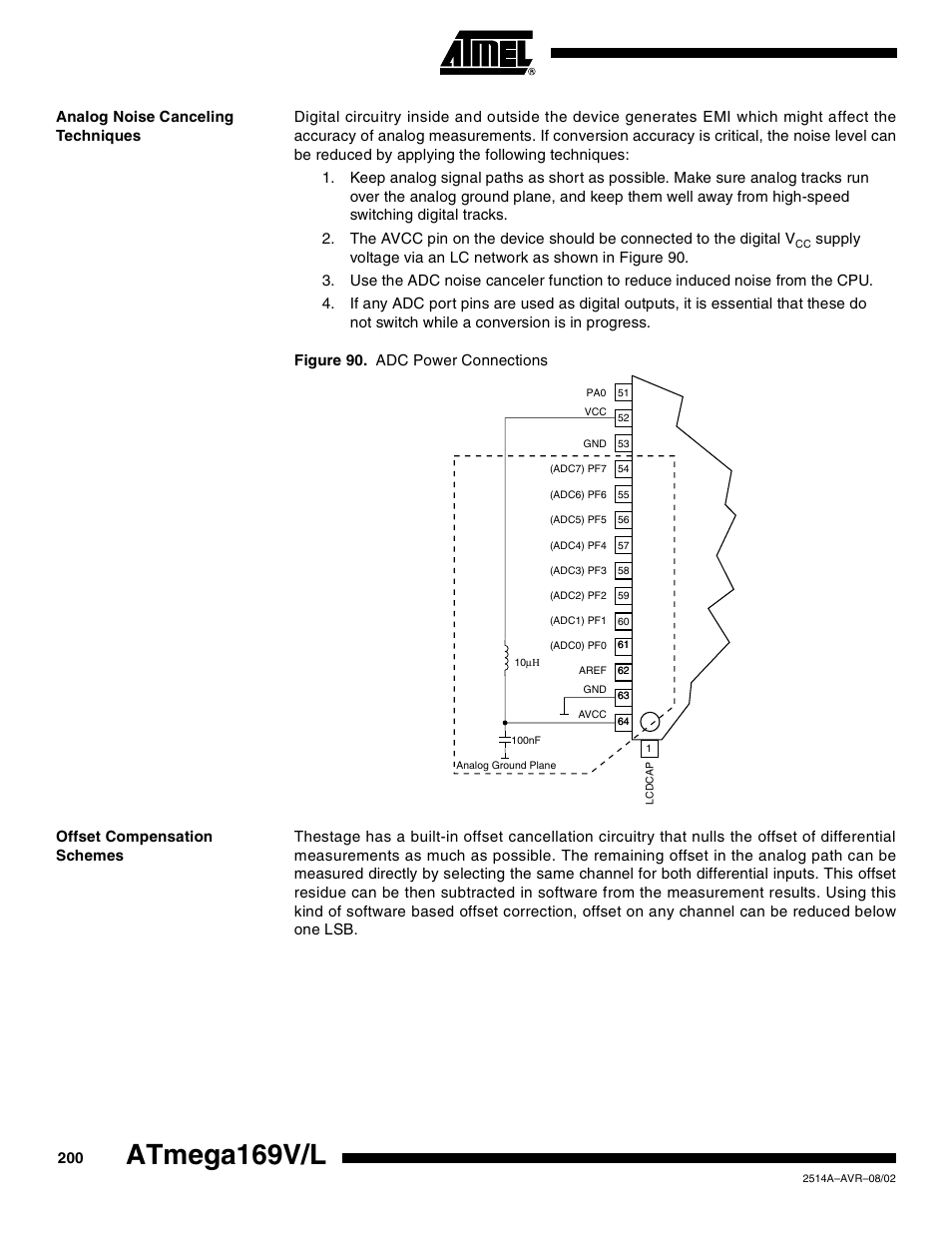 Analog noise canceling techniques, Offset compensation schemes, Atmega169v/l | Rainbow Electronics Atmega169L User Manual | Page 200 / 317