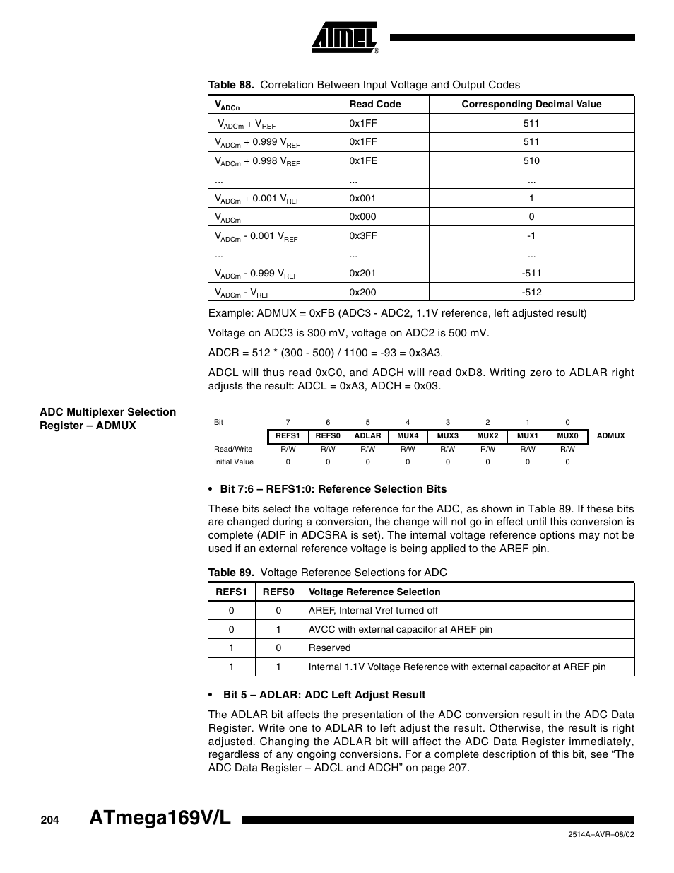 Adc multiplexer selection register – admux, Atmega169v/l | Rainbow Electronics Atmega169L User Manual | Page 204 / 317