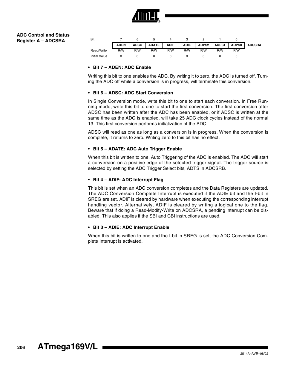 Adc control and status register a – adcsra, Atmega169v/l | Rainbow Electronics Atmega169L User Manual | Page 206 / 317