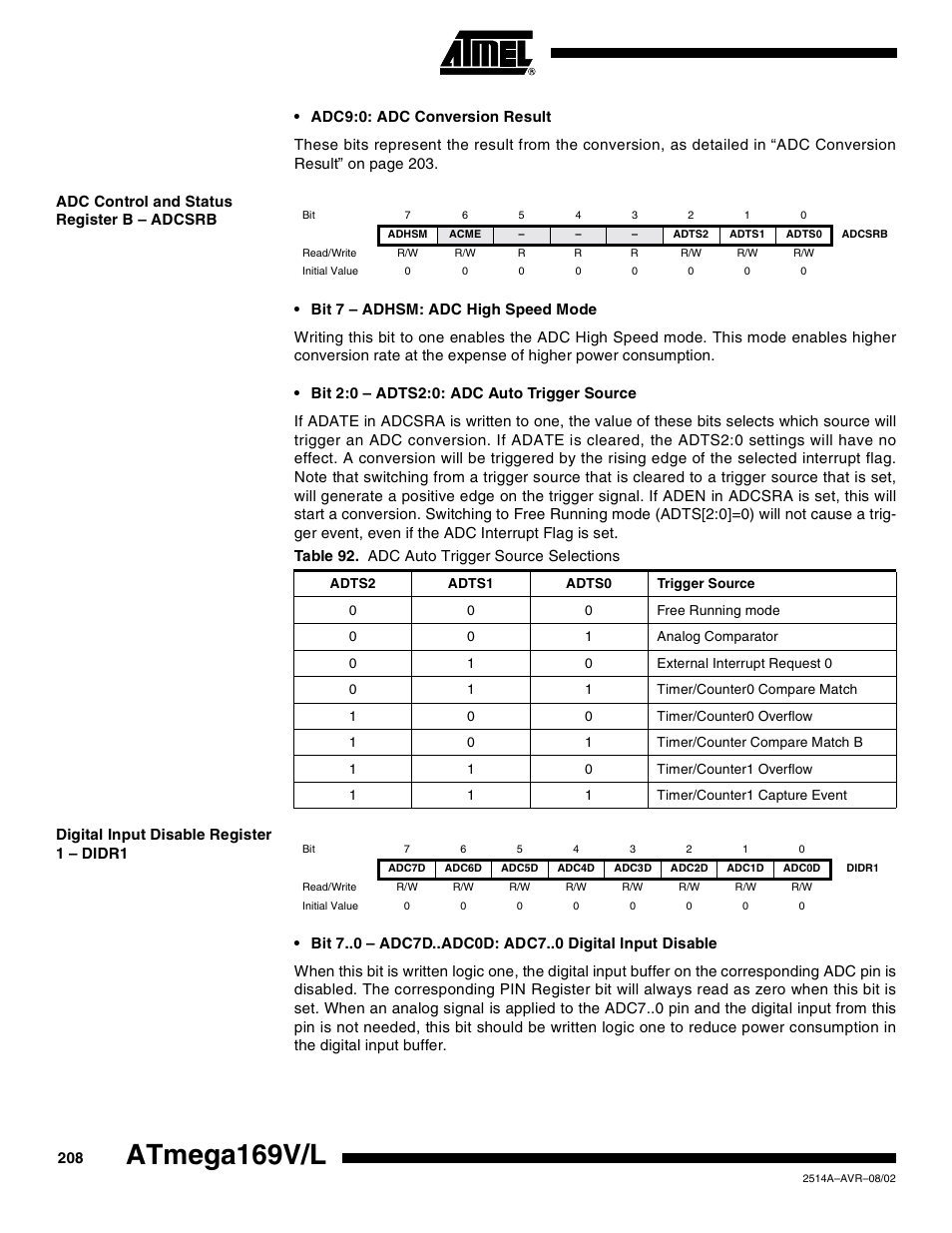 Adc control and status register b – adcsrb, Digital input disable register 1 – didr1, Atmega169v/l | Rainbow Electronics Atmega169L User Manual | Page 208 / 317