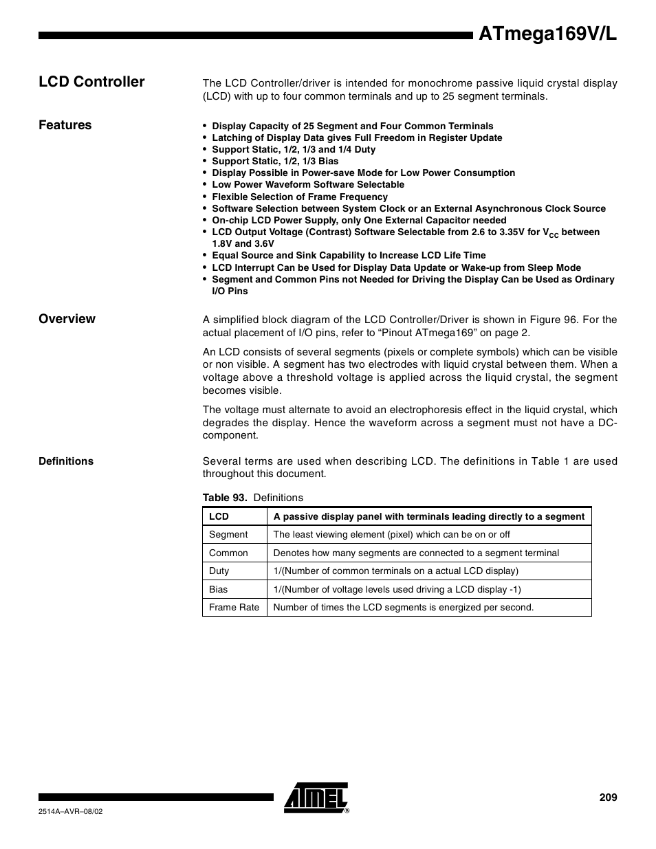 Lcd controller, Features, Overview | Definitions, Atmega169v/l | Rainbow Electronics Atmega169L User Manual | Page 209 / 317