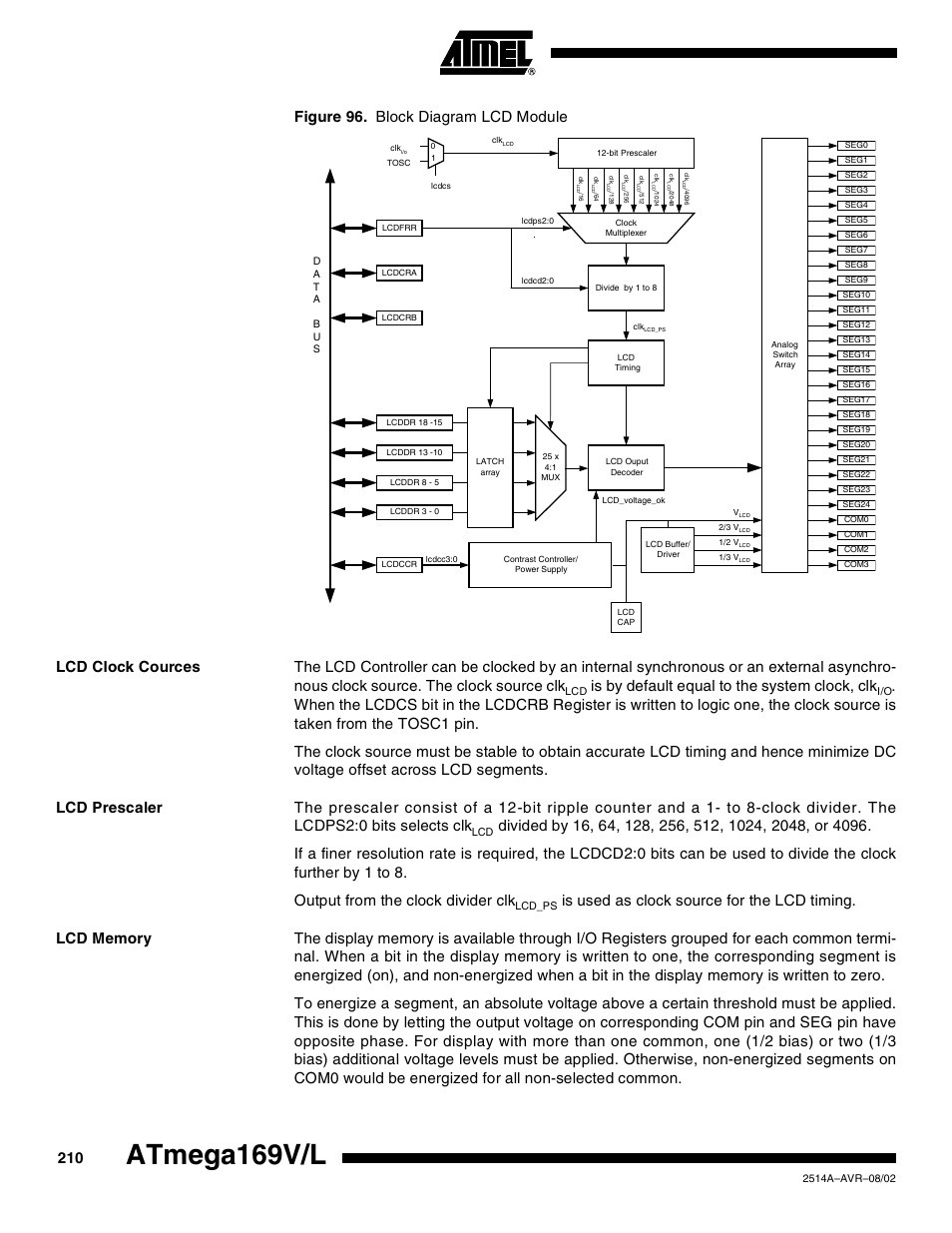 Lcd clock cources, Lcd prescaler, Lcd memory | Atmega169v/l, Is by default equal to the system clock, clk | Rainbow Electronics Atmega169L User Manual | Page 210 / 317