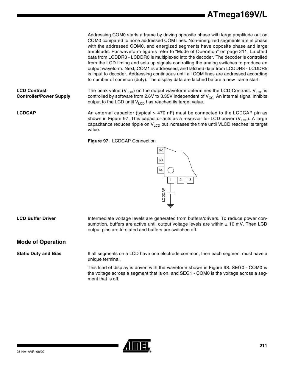 Lcd contrast controller/power supply, Lcdcap, Lcd buffer driver | Mode of operation, Static duty and bias, Atmega169v/l | Rainbow Electronics Atmega169L User Manual | Page 211 / 317