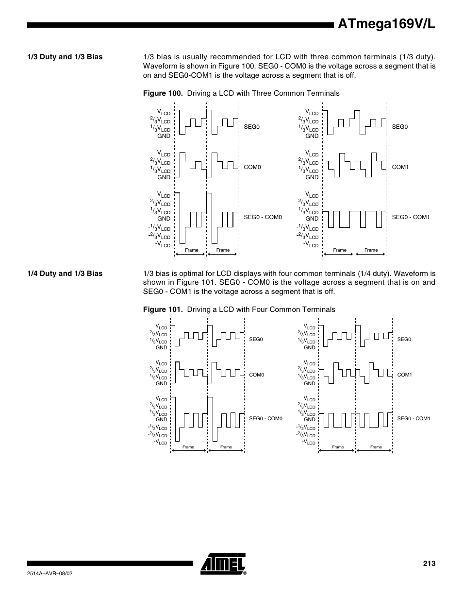 1/3 duty and 1/3 bias, 1/4 duty and 1/3 bias, Atmega169v/l | Rainbow Electronics Atmega169L User Manual | Page 213 / 317