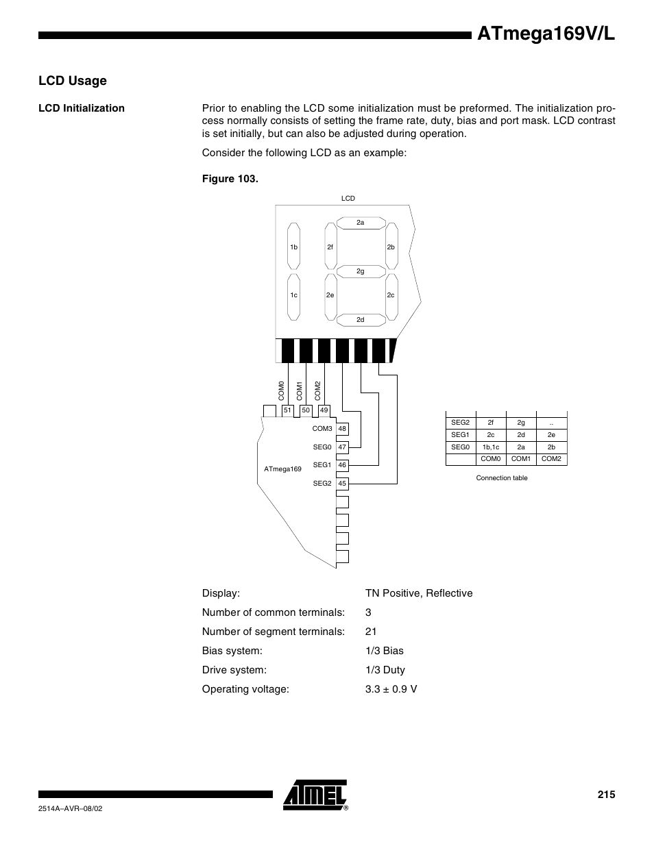 Lcd usage, Lcd initialization, Atmega169v/l | Rainbow Electronics Atmega169L User Manual | Page 215 / 317