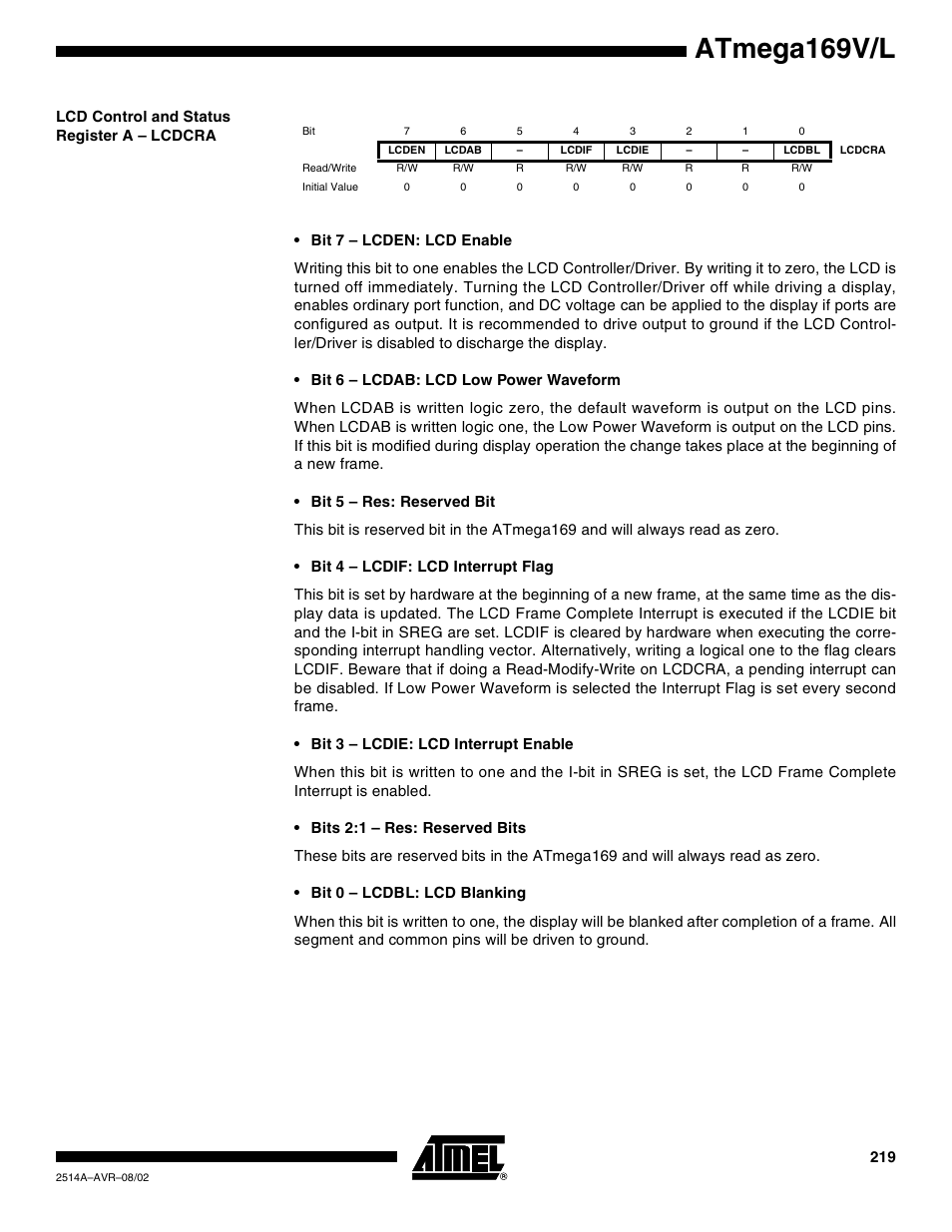 Lcd control and status register a – lcdcra, Atmega169v/l | Rainbow Electronics Atmega169L User Manual | Page 219 / 317
