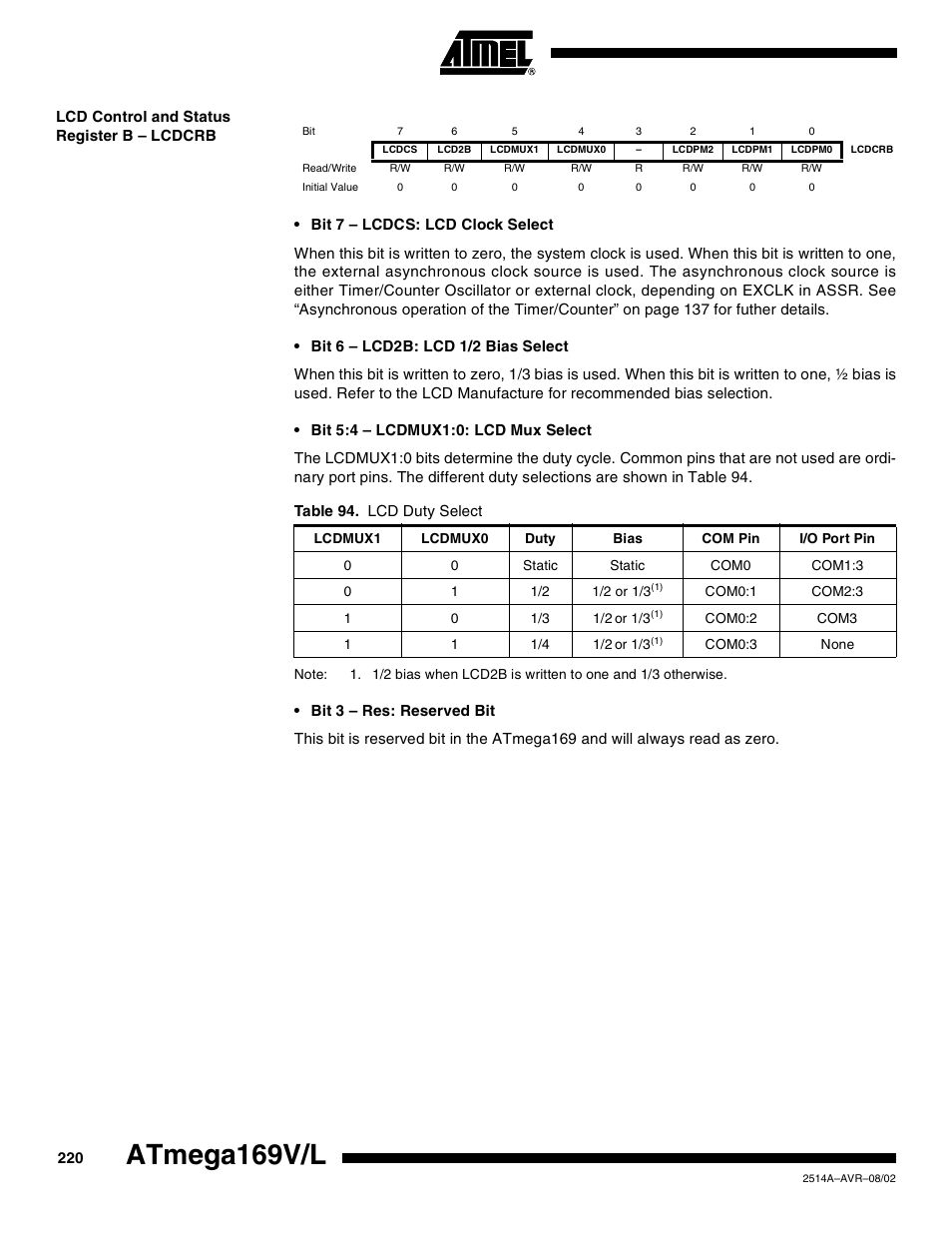 Lcd control and status register b – lcdcrb, Atmega169v/l | Rainbow Electronics Atmega169L User Manual | Page 220 / 317