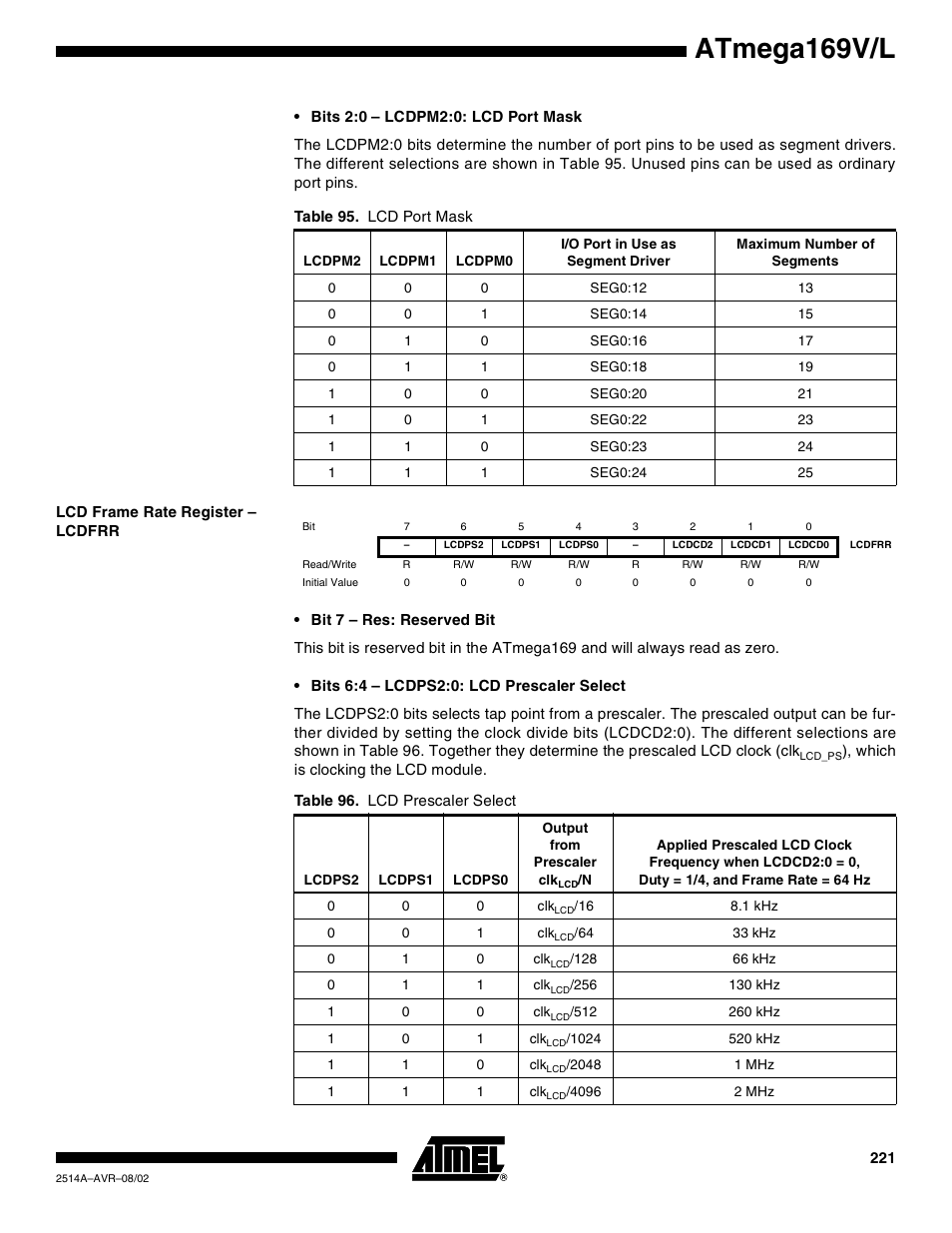 Lcd frame rate register – lcdfrr, Atmega169v/l | Rainbow Electronics Atmega169L User Manual | Page 221 / 317