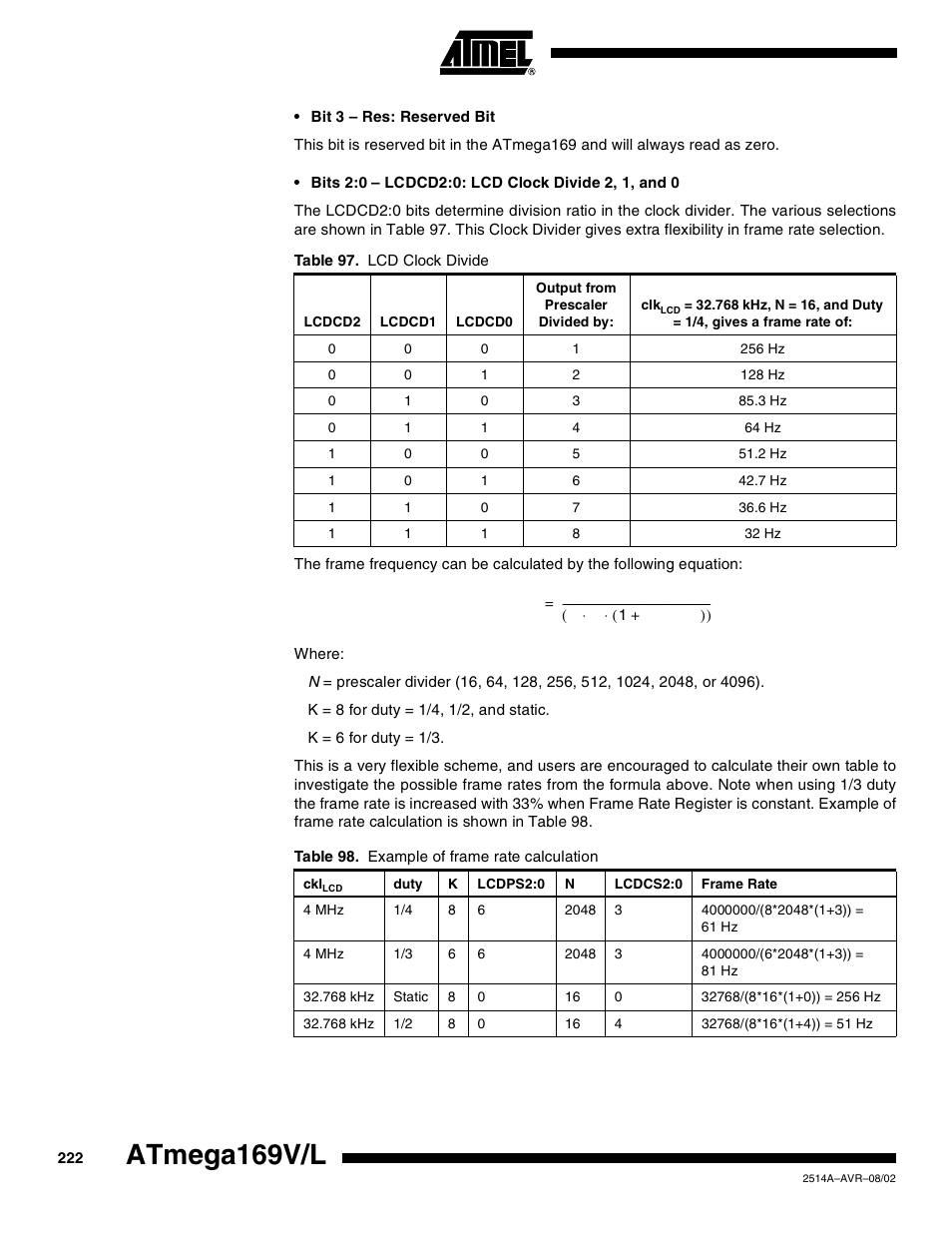 Atmega169v/l | Rainbow Electronics Atmega169L User Manual | Page 222 / 317