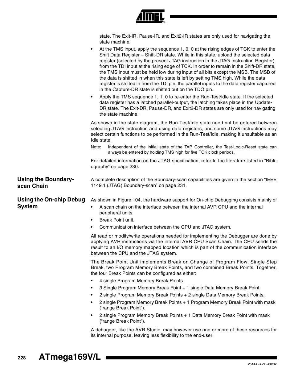 Using the boundary- scan chain, Using the on-chip debug system, Atmega169v/l | Rainbow Electronics Atmega169L User Manual | Page 228 / 317