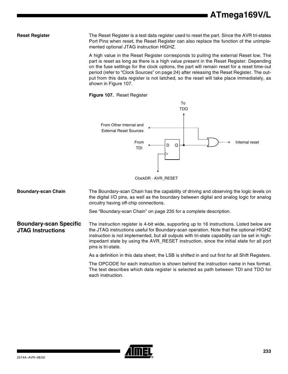 Reset register, Boundary-scan chain, Boundary-scan specific jtag instructions | Atmega169v/l | Rainbow Electronics Atmega169L User Manual | Page 233 / 317