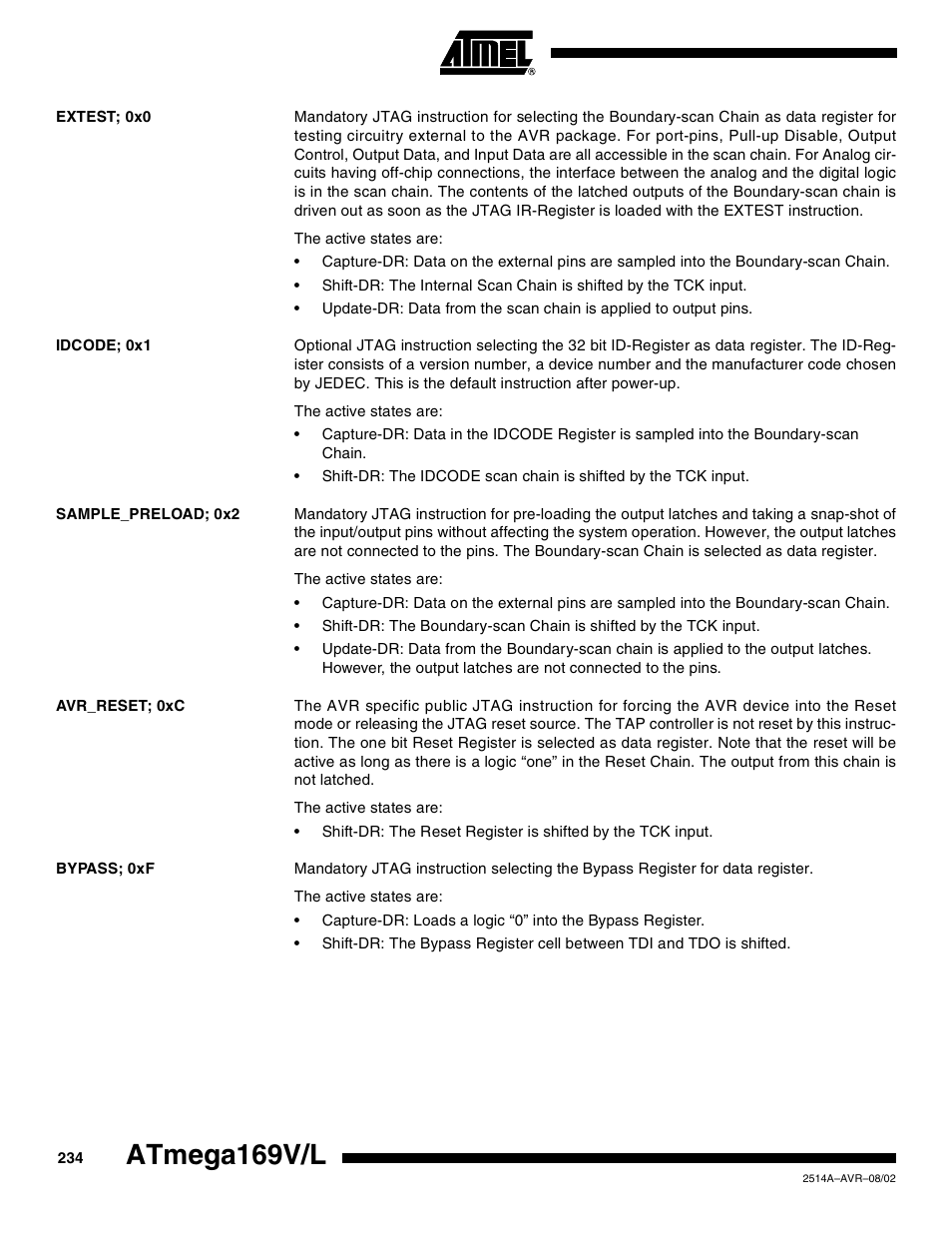 Extest; 0x0, Idcode; 0x1, Sample_preload; 0x2 | Avr_reset; 0xc, Bypass; 0xf, Atmega169v/l | Rainbow Electronics Atmega169L User Manual | Page 234 / 317