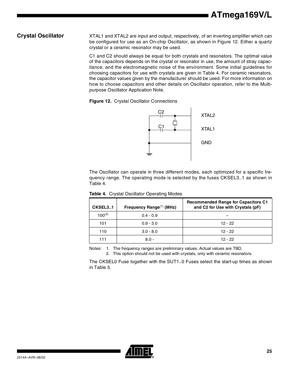 Crystal oscillator, Atmega169v/l | Rainbow Electronics Atmega169L User Manual | Page 25 / 317