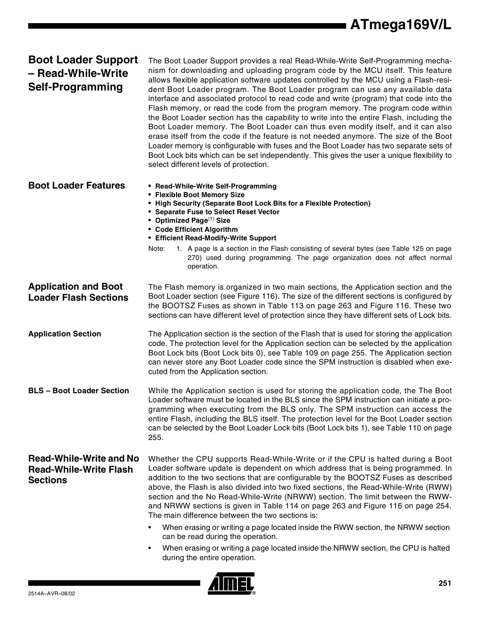 Boot loader features, Application and boot loader flash sections, Application section | Bls – boot loader section, Atmega169v/l | Rainbow Electronics Atmega169L User Manual | Page 251 / 317