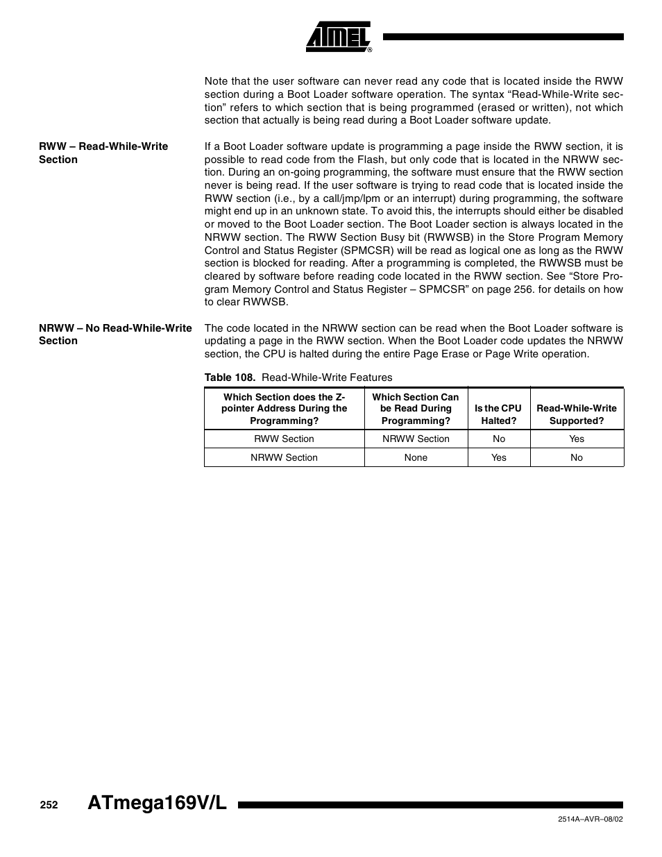 Rww – read-while-write section, Nrww – no read-while-write section, Atmega169v/l | Rainbow Electronics Atmega169L User Manual | Page 252 / 317