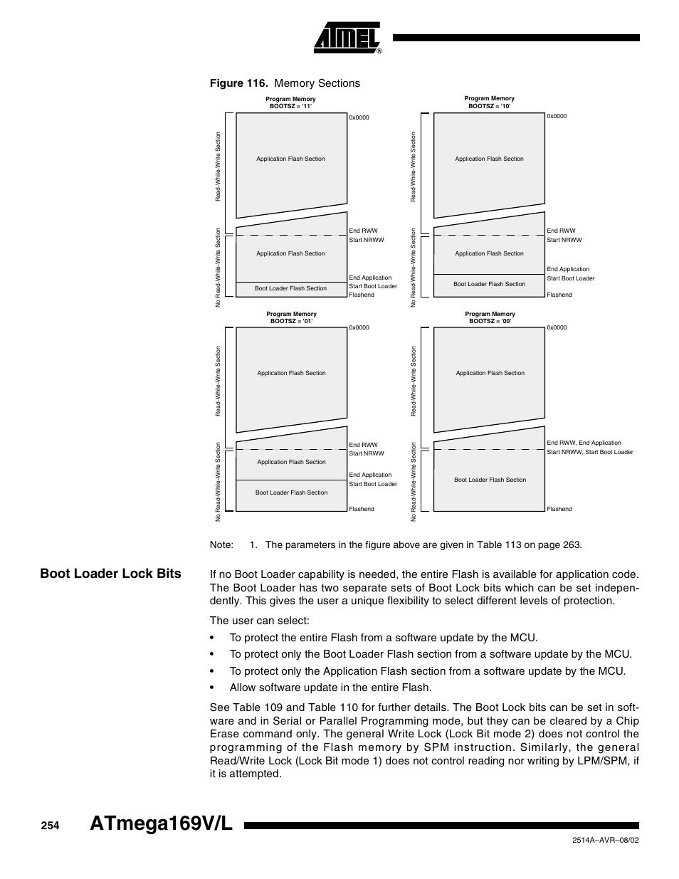 Boot loader lock bits, Atmega169v/l | Rainbow Electronics Atmega169L User Manual | Page 254 / 317