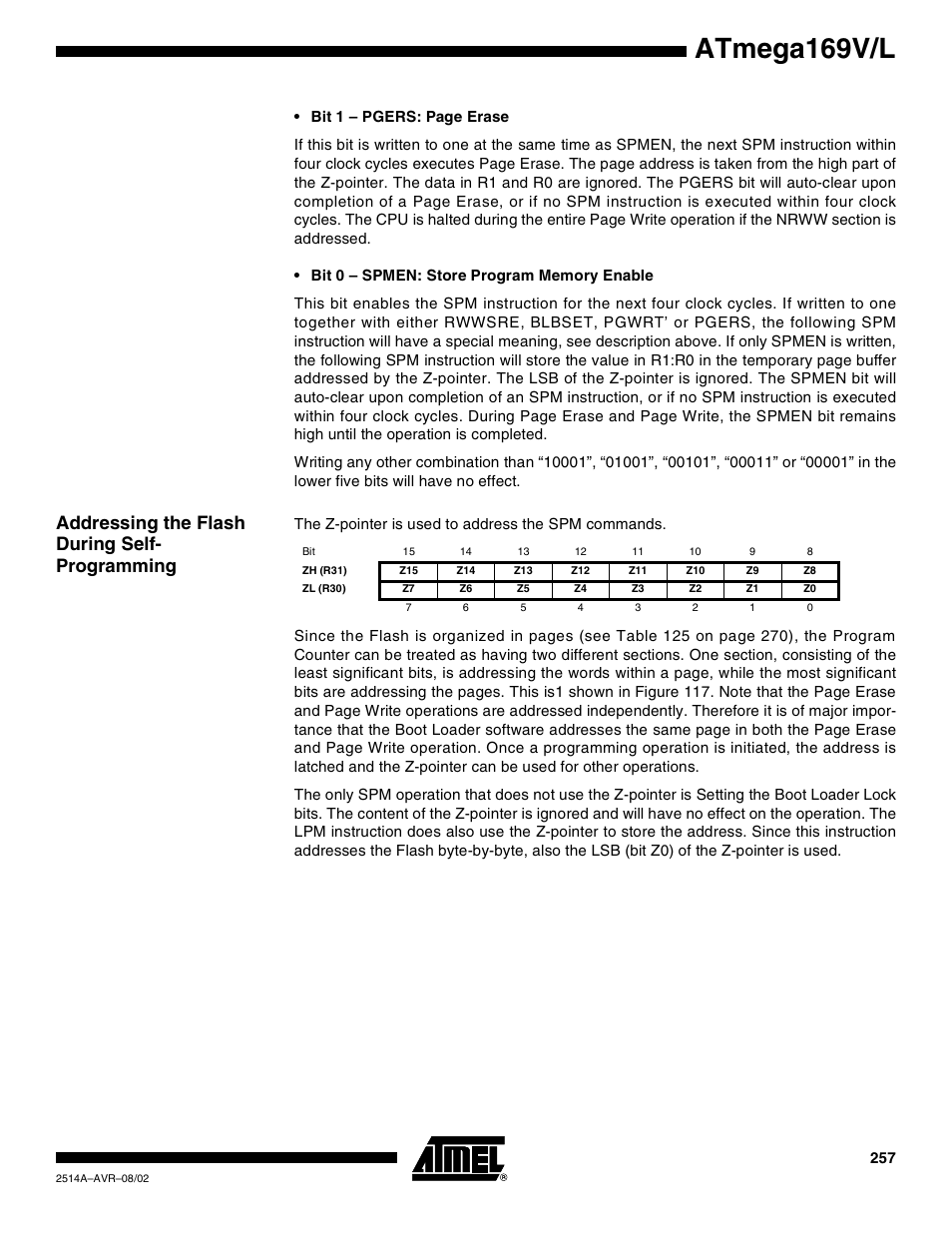 Addressing the flash during self- programming, Atmega169v/l | Rainbow Electronics Atmega169L User Manual | Page 257 / 317