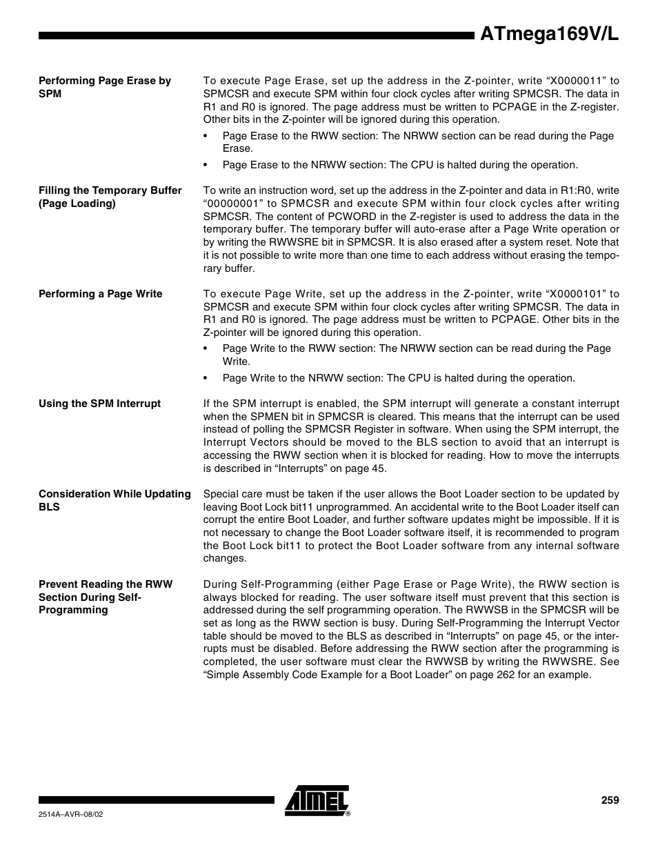 Using the spm interrupt, Consideration while updating bls, Atmega169v/l | Rainbow Electronics Atmega169L User Manual | Page 259 / 317