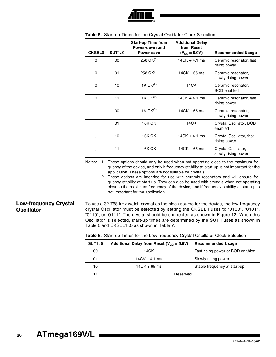 Low-frequency crystal oscillator, Atmega169v/l | Rainbow Electronics Atmega169L User Manual | Page 26 / 317