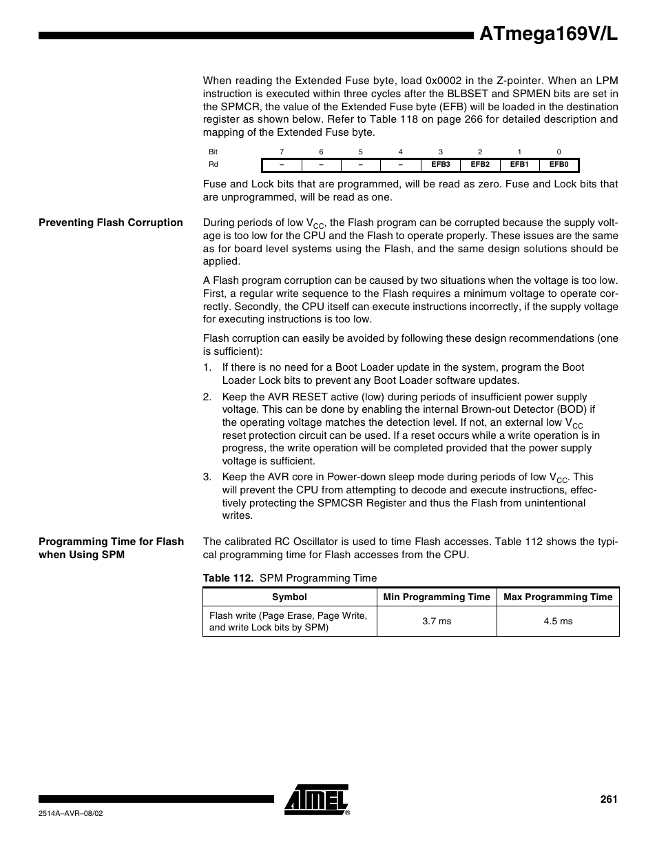 Preventing flash corruption, Programming time for flash when using spm, Atmega169v/l | Rainbow Electronics Atmega169L User Manual | Page 261 / 317