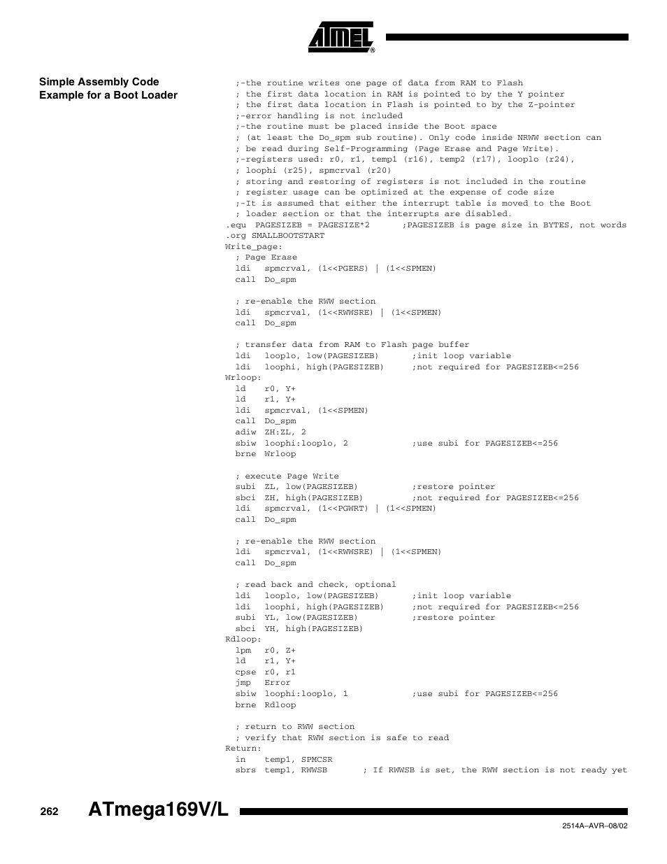 Simple assembly code example for a boot loader, Atmega169v/l | Rainbow Electronics Atmega169L User Manual | Page 262 / 317