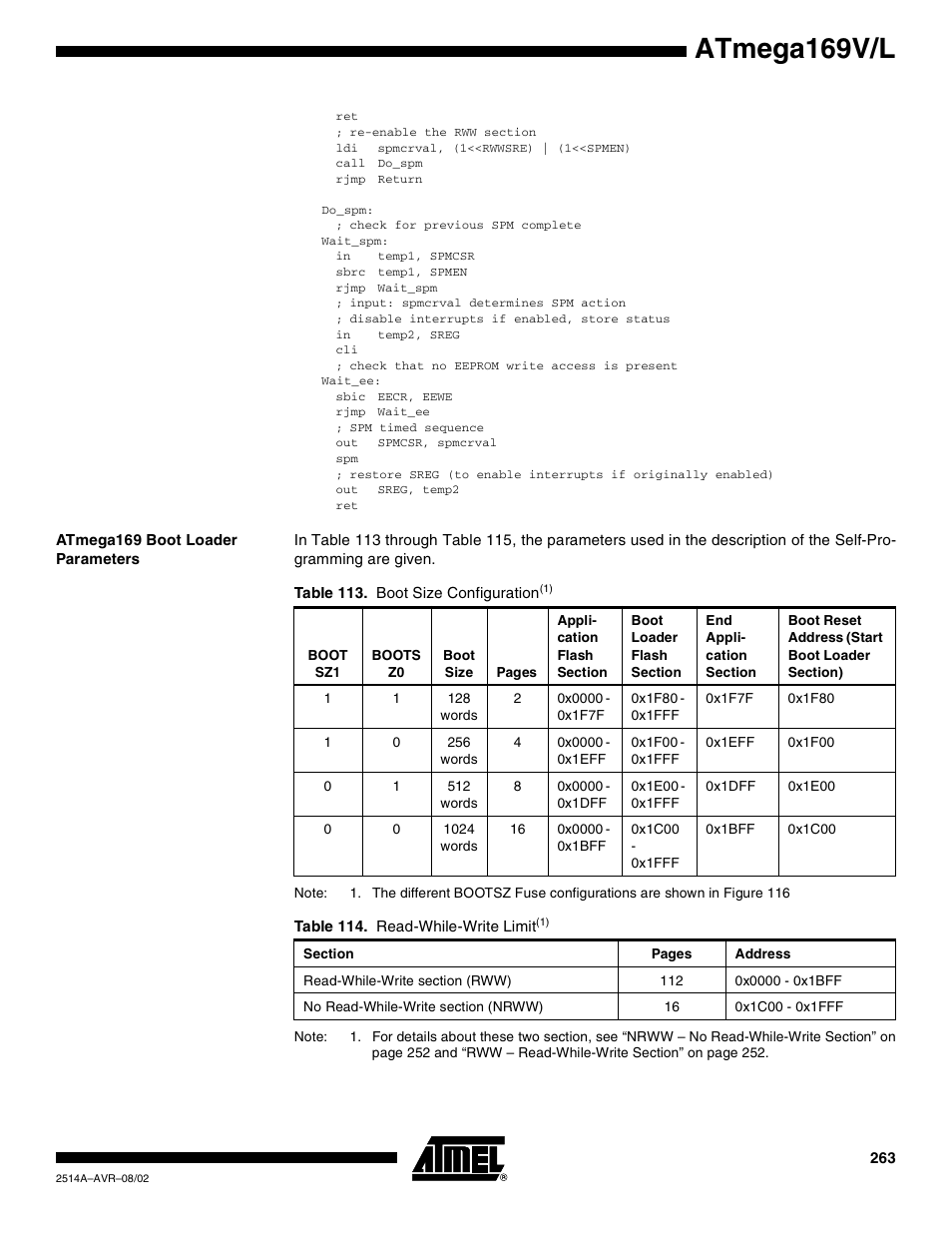 Atmega169 boot loader parameters, Atmega169v/l | Rainbow Electronics Atmega169L User Manual | Page 263 / 317