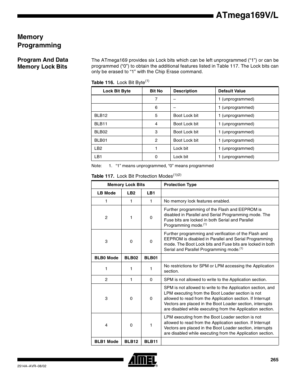 Memory programming, Program and data memory lock bits, Atmega169v/l | Rainbow Electronics Atmega169L User Manual | Page 265 / 317