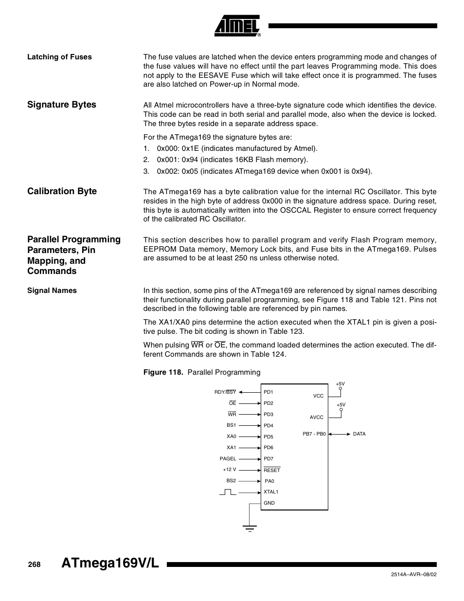 Latching of fuses, Signature bytes, Calibration byte | Signal names, Atmega169v/l | Rainbow Electronics Atmega169L User Manual | Page 268 / 317