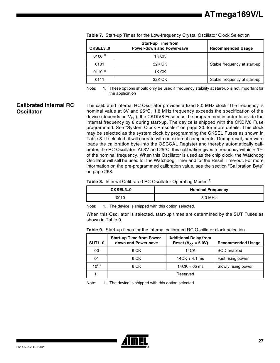 Calibrated internal rc oscillator, Atmega169v/l | Rainbow Electronics Atmega169L User Manual | Page 27 / 317