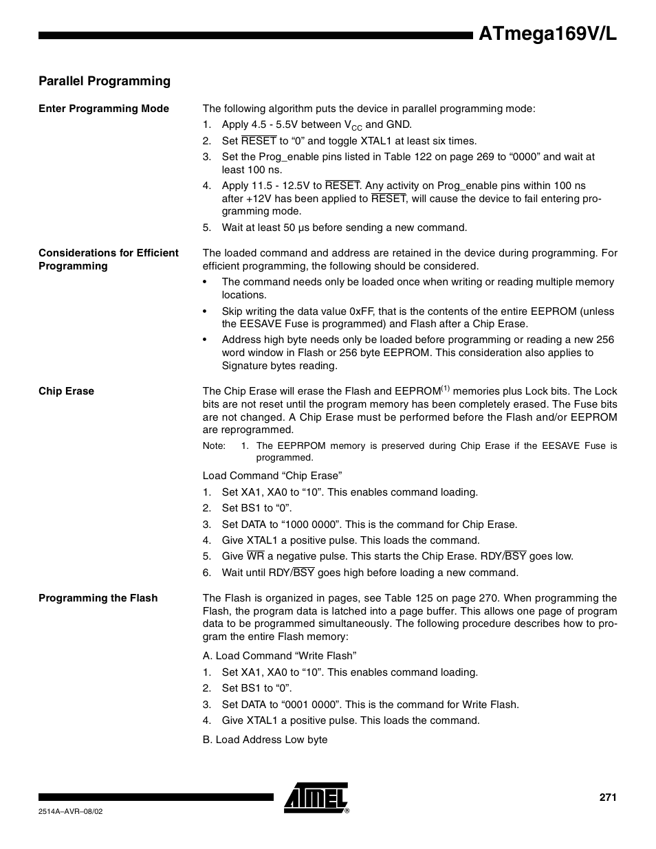 Parallel programming, Enter programming mode, Considerations for efficient programming | Chip erase, Programming the flash, Atmega169v/l | Rainbow Electronics Atmega169L User Manual | Page 271 / 317