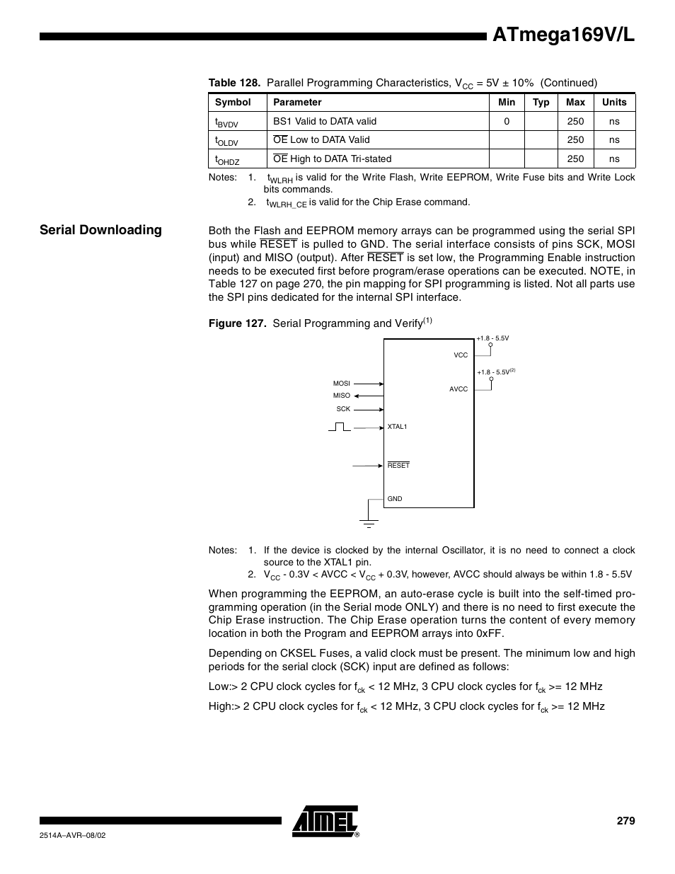 Serial downloading, Atmega169v/l | Rainbow Electronics Atmega169L User Manual | Page 279 / 317