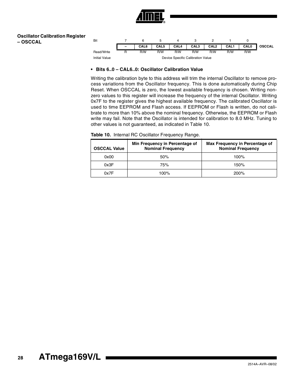 Oscillator calibration register – osccal, Atmega169v/l | Rainbow Electronics Atmega169L User Manual | Page 28 / 317