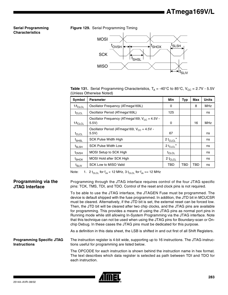 Serial programming characteristics, Programming via the jtag interface, Programming specific jtag instructions | Atmega169v/l, Mosi miso sck t | Rainbow Electronics Atmega169L User Manual | Page 283 / 317