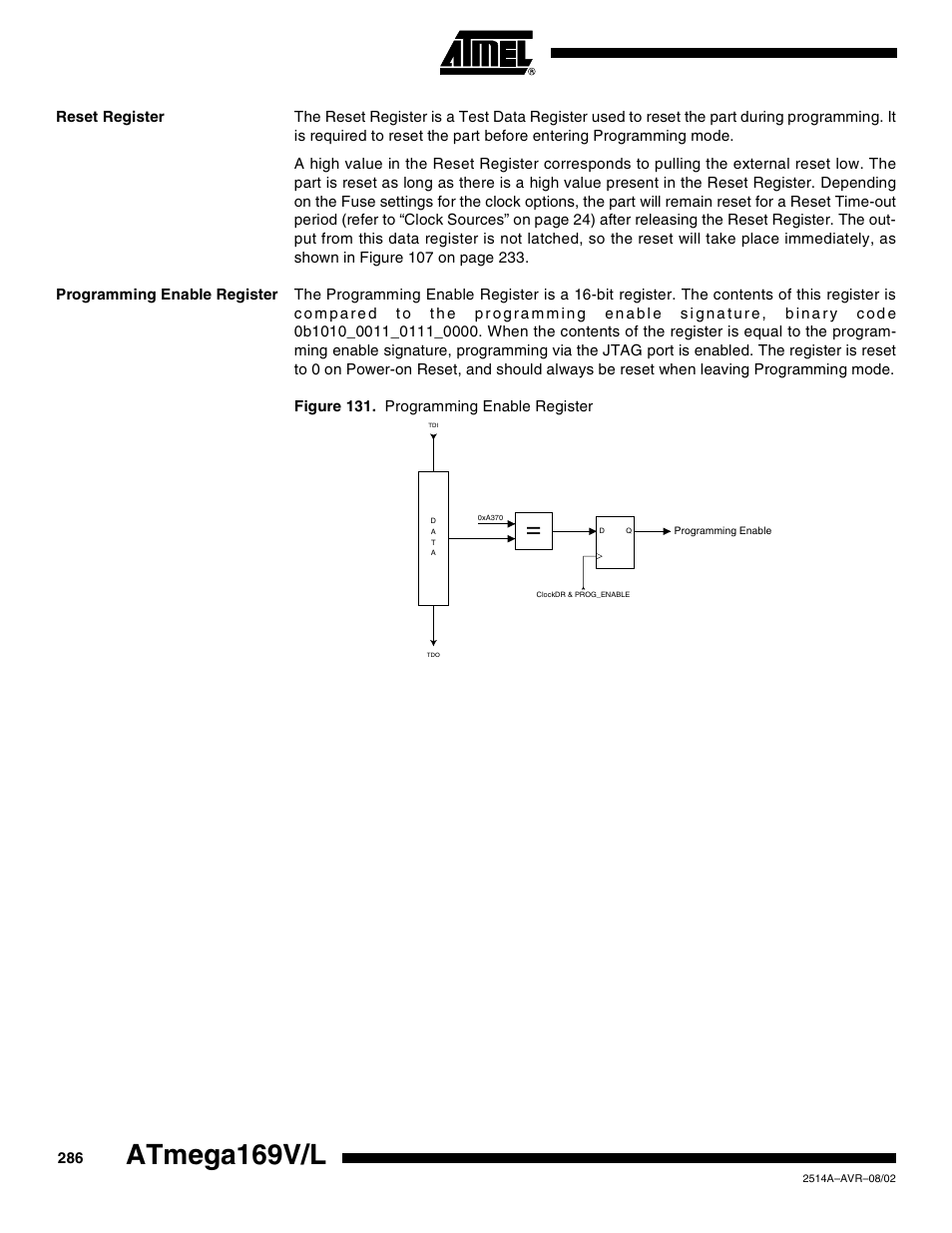 Reset register, Programming enable register, Atmega169v/l | Rainbow Electronics Atmega169L User Manual | Page 286 / 317