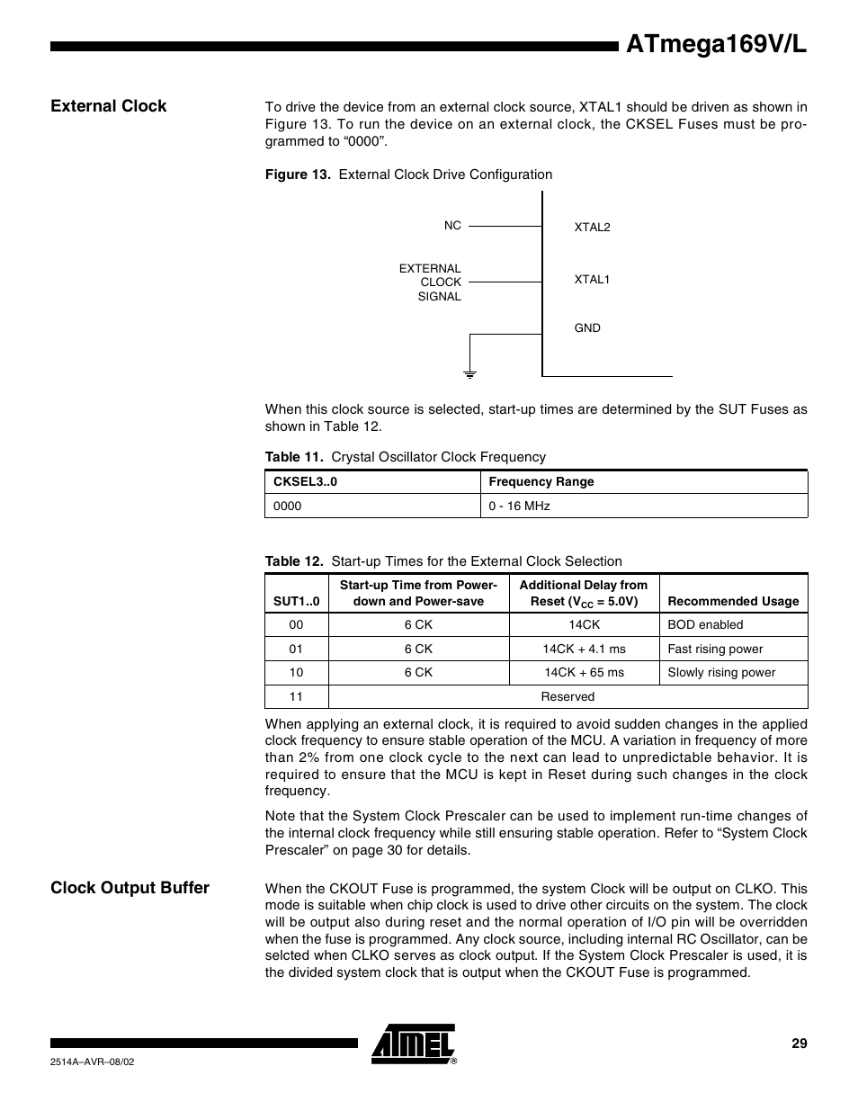 External clock, Clock output buffer, Atmega169v/l | Rainbow Electronics Atmega169L User Manual | Page 29 / 317