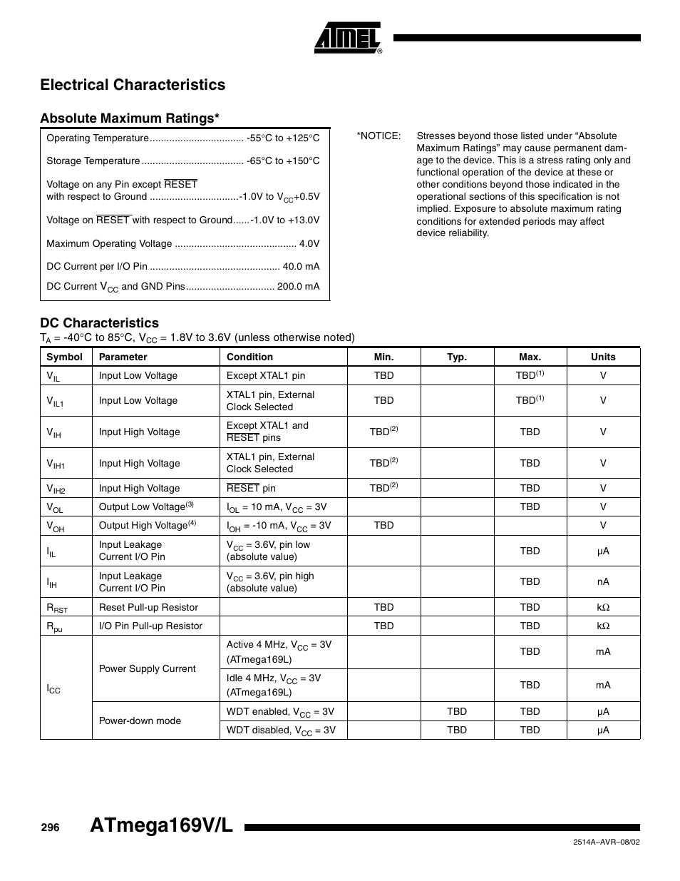 Electrical characteristics, Absolute maximum ratings, Atmega169v/l | Dc characteristics | Rainbow Electronics Atmega169L User Manual | Page 296 / 317
