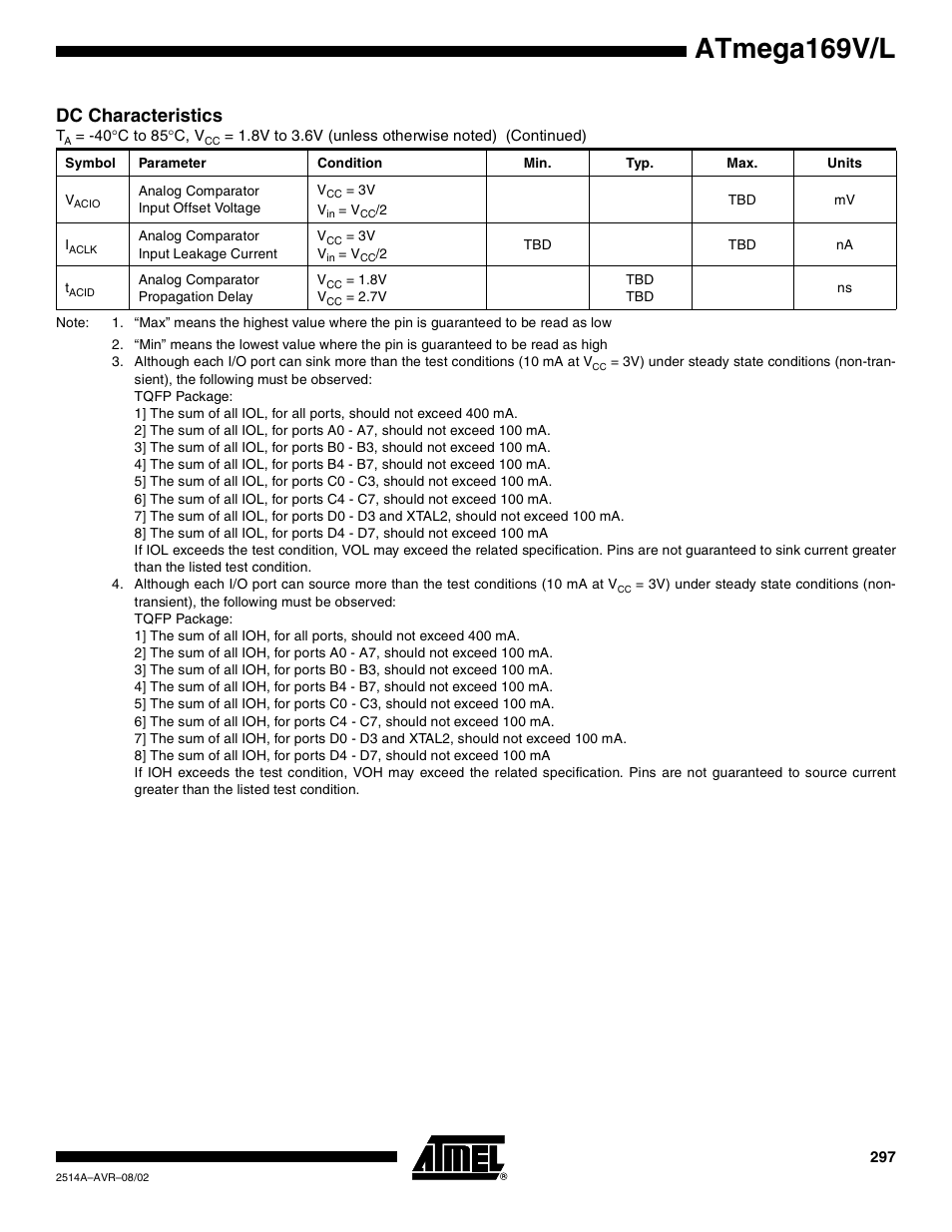 Atmega169v/l, Dc characteristics | Rainbow Electronics Atmega169L User Manual | Page 297 / 317