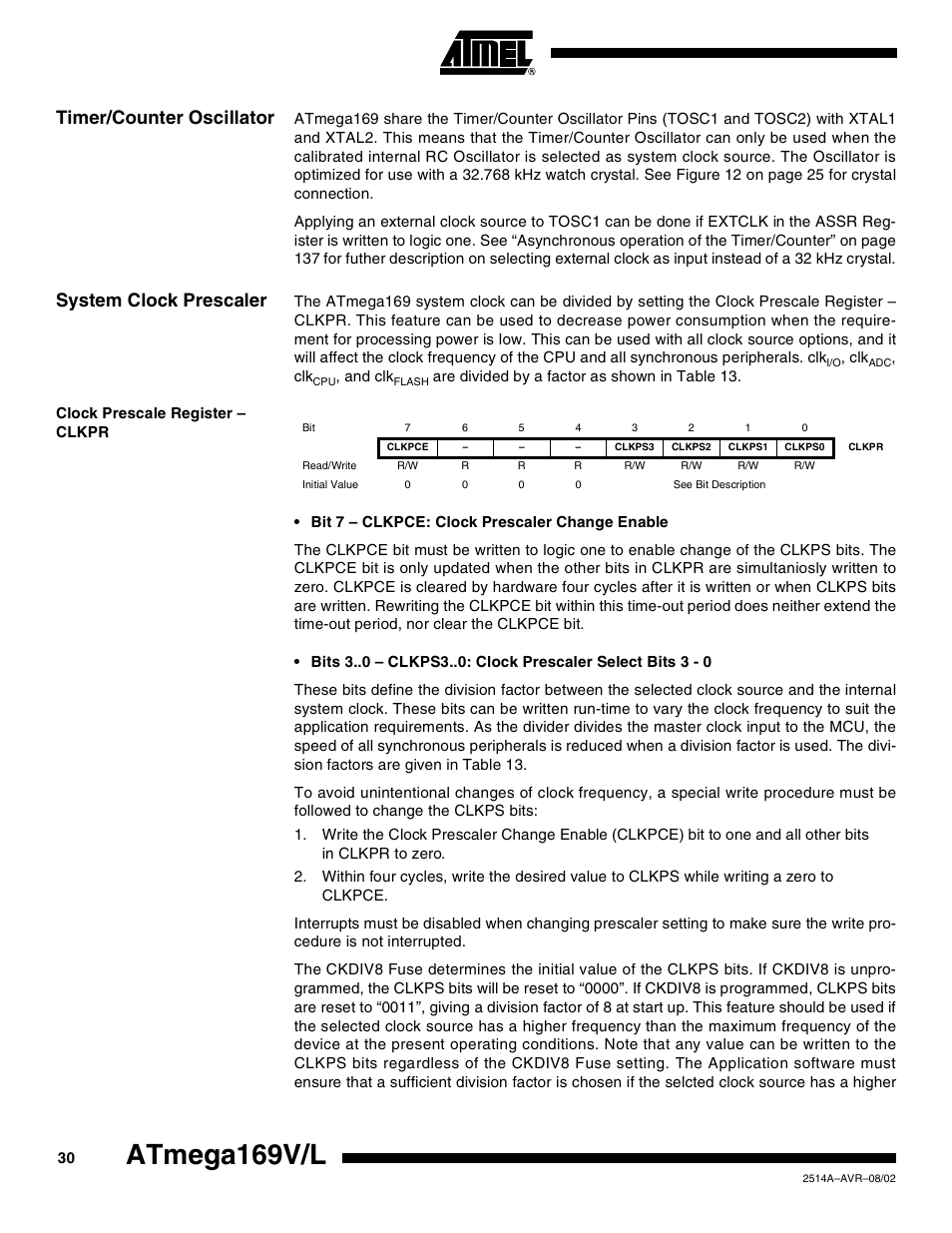 Timer/counter oscillator, System clock prescaler, Clock prescale register – clkpr | Atmega169v/l | Rainbow Electronics Atmega169L User Manual | Page 30 / 317