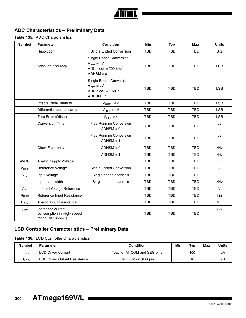 Adc characteristics – preliminary data, Lcd controller characteristics – preliminary data, Atmega169v/l | Rainbow Electronics Atmega169L User Manual | Page 300 / 317