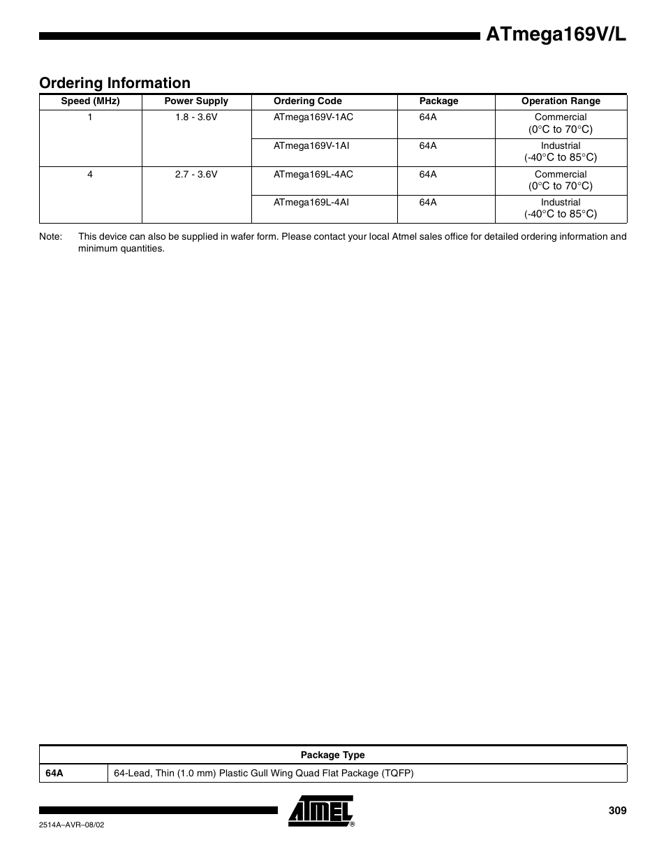 Ordering information, Atmega169v/l | Rainbow Electronics Atmega169L User Manual | Page 309 / 317