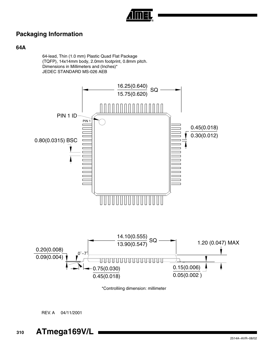 Packaging information, Atmega169v/l | Rainbow Electronics Atmega169L User Manual | Page 310 / 317