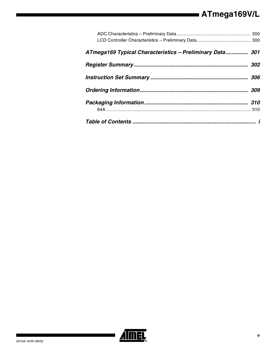 Atmega169v/l | Rainbow Electronics Atmega169L User Manual | Page 315 / 317