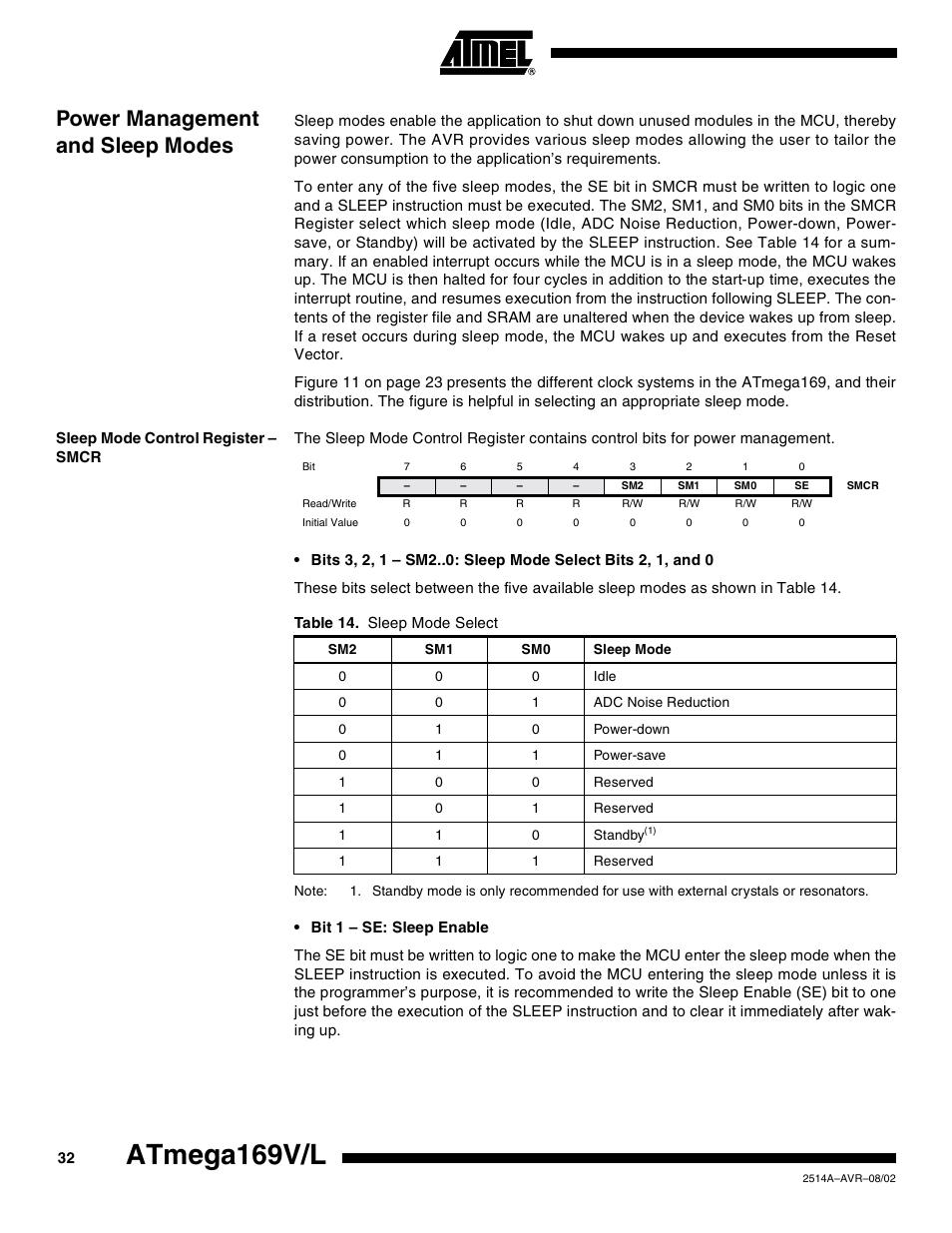 Power management and sleep modes, Sleep mode control register – smcr, Atmega169v/l | Rainbow Electronics Atmega169L User Manual | Page 32 / 317