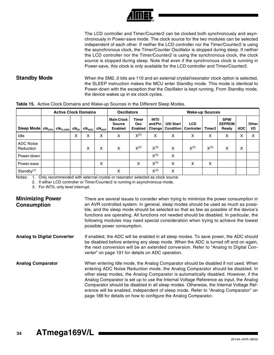 Standby mode, Minimizing power consumption, Analog to digital converter | Analog comparator, Atmega169v/l | Rainbow Electronics Atmega169L User Manual | Page 34 / 317