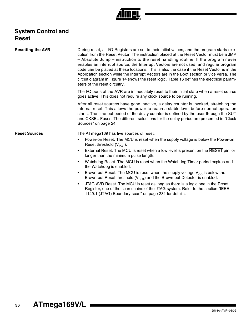 System control and reset, Resetting the avr, Reset sources | Atmega169v/l | Rainbow Electronics Atmega169L User Manual | Page 36 / 317