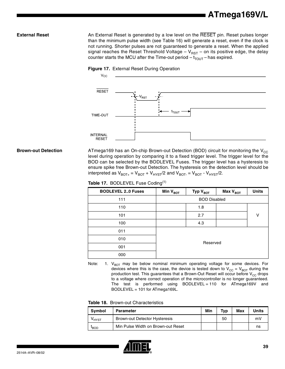External reset, Brown-out detection, Atmega169v/l | Rainbow Electronics Atmega169L User Manual | Page 39 / 317