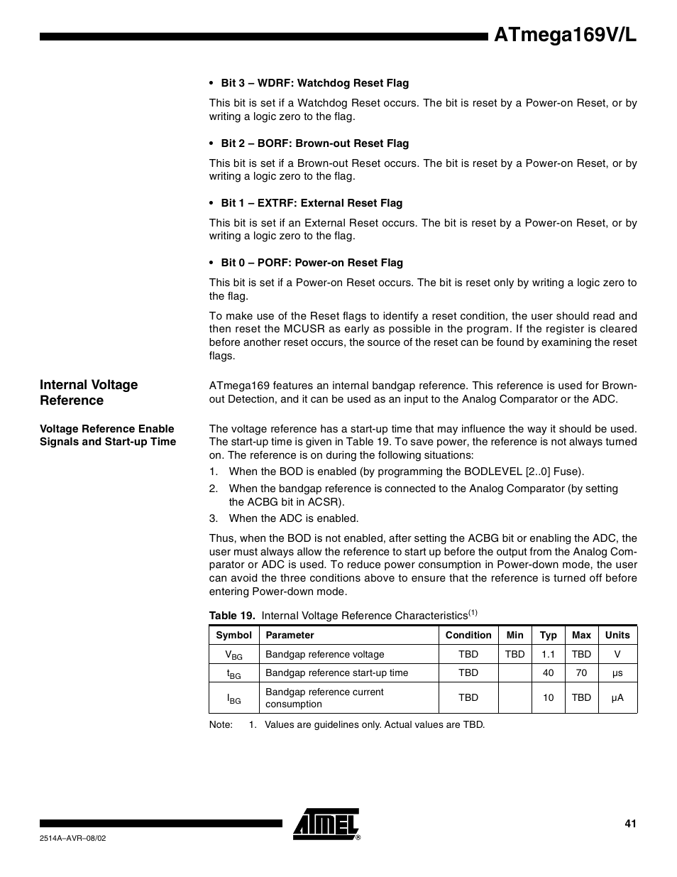 Internal voltage reference, Voltage reference enable signals and start-up time, Atmega169v/l | Rainbow Electronics Atmega169L User Manual | Page 41 / 317